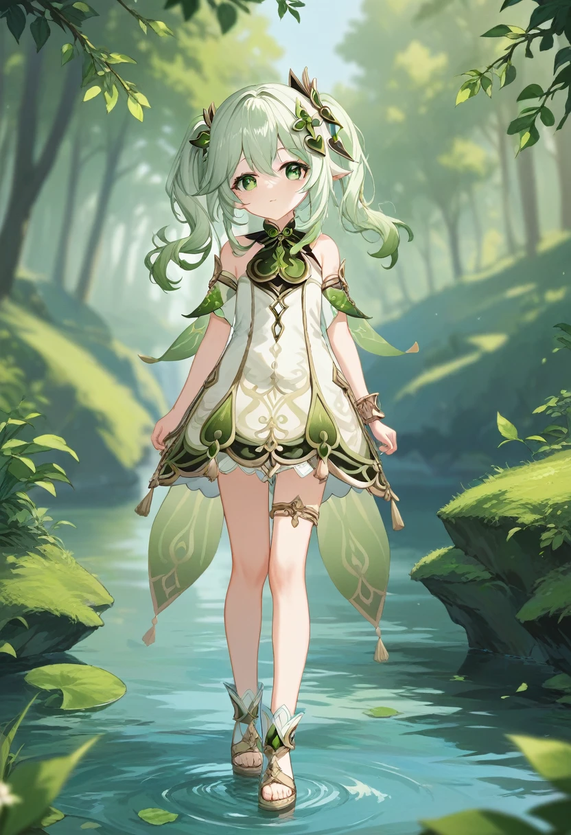 score_9,score_8_up,score_7_up,source_anime,full body,Idealized Forms,Natural Light,details background,blurry background,extremely detailed,Nahida(Genshin Impact),Green Eyes,Waterfront,in the forest