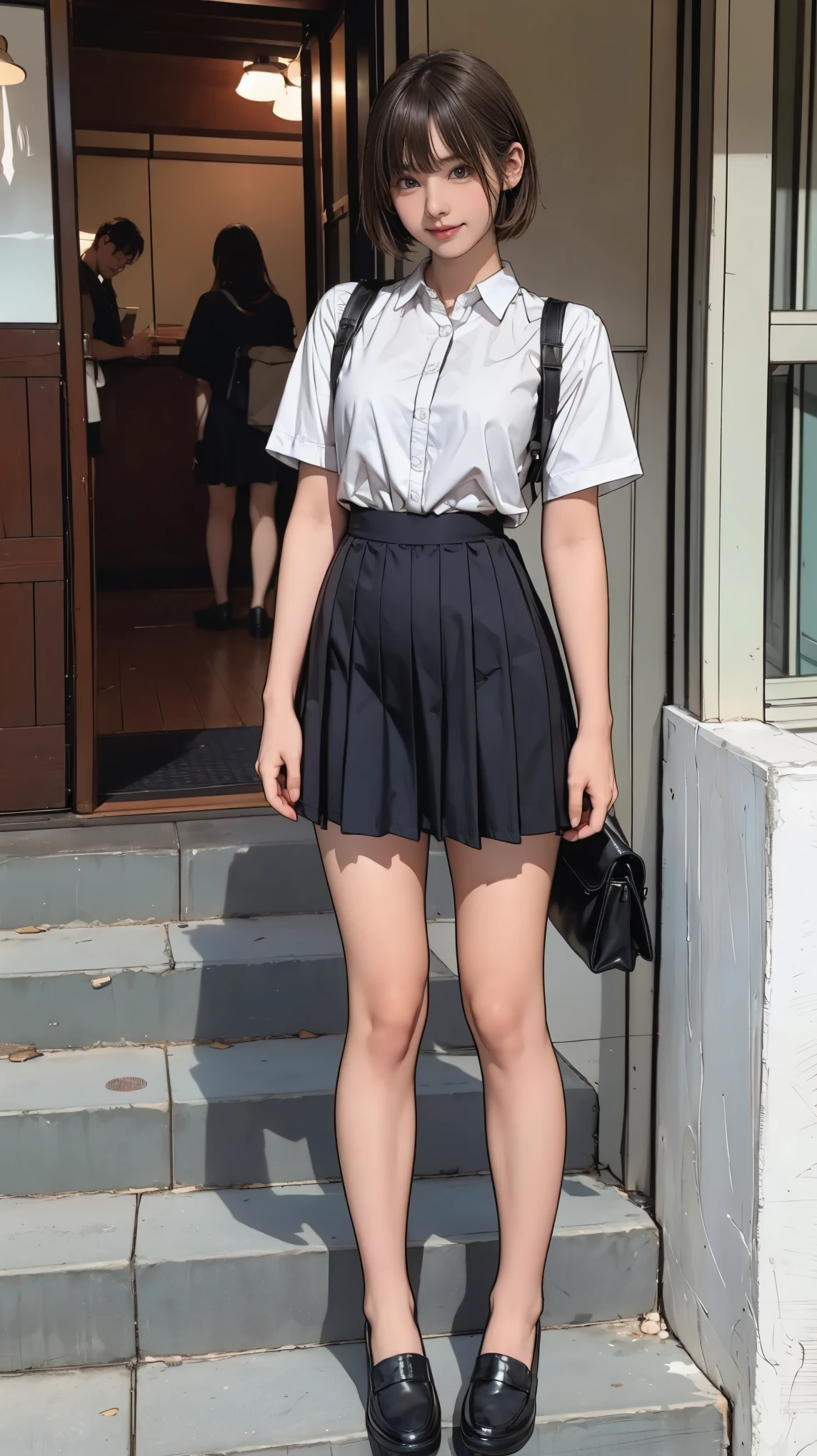 ((masterpiece)),(((Highest quality))),Thin thighs,Long legs,An 18-year-old woman standing on the steps of her school，Japan  uniform:1.5，White camellia floral lace bra:1.5,open chest white shirt，The best smile,Short blonde hair:1.5，short side wave，Carrying a black backpack，Wear black loafers，