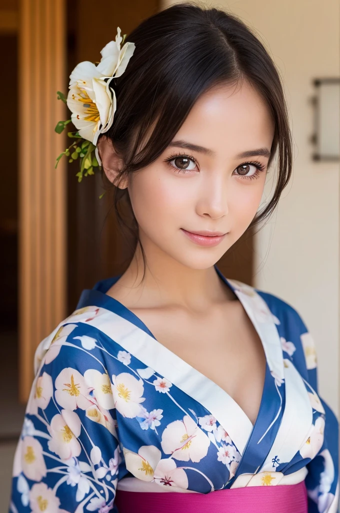 (1young girl), Extremely cute face, Amazing face and eyes, (Highly detailed eyes, Highly detailed face), fresh, Very clean appearance, (Hyper-realistic, hight resolution), (Best Quality:1.4), Raw photo, (Realistic, Photorealsitic:1.37), Professional Photography, (floral pattern yukata:1.5), (Open yukata), (cleavage:1.2), (Bare shoulders), Smile slightly, (Staring at me), Bedroom, girl portrait,