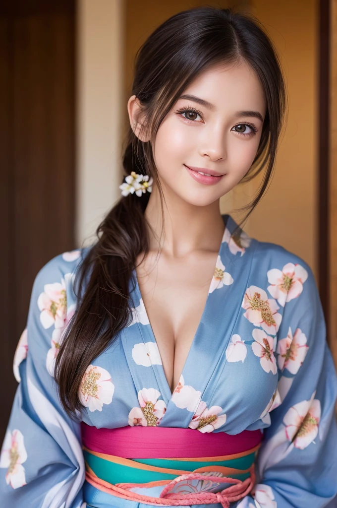 (1young girl), Extremely cute face, Amazing face and eyes, (Highly detailed eyes, Highly detailed face), fresh, Very clean appearance, (Hyper-realistic, hight resolution), (Best Quality:1.4), Raw photo, (Realistic, Photorealsitic:1.37), Professional Photography, (floral pattern yukata:1.5), (Open yukata), (cleavage:1.2), (Bare shoulders), Smile slightly, (Staring at me), Bedroom, girl portrait,