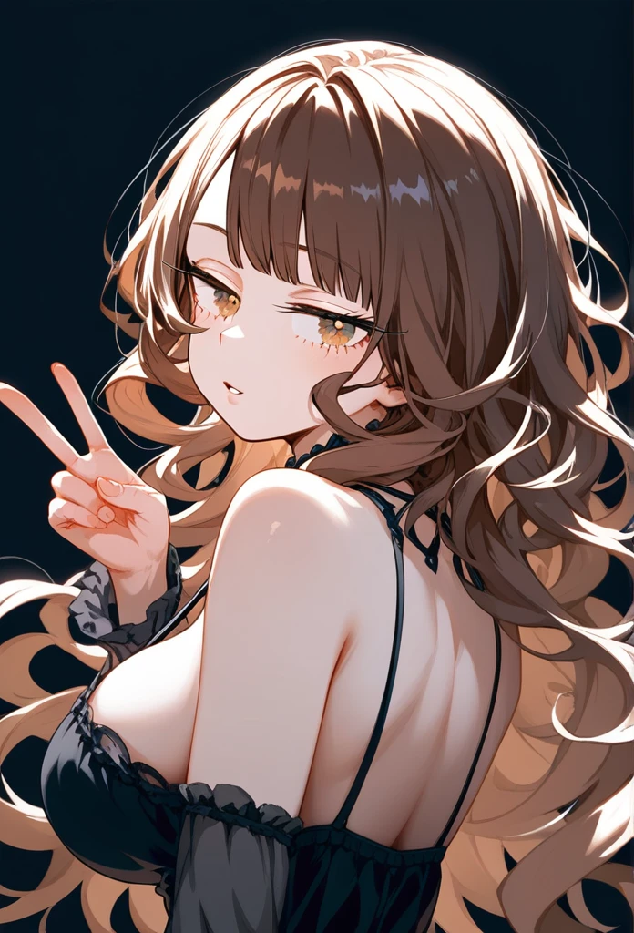 masterpiece, Score_9, Score_8_up, Score_7_up, rear view, 1 woman, alone, brown hair, long curly hair, split bangs, honey eyes, half-closed eyes, parted lips, expressionless, pale skin, large breasts, upper body, Black nightdress with V-neckline, black background, best quality, long and split bangs, boku no Hero academia 