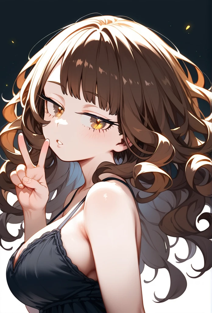 masterpiece, Score_9, Score_8_up, Score_7_up, rear view, 1 woman, alone, brown hair, long curly hair, split bangs, honey eyes, half-closed eyes, parted lips, expressionless, pale skin, large breasts, upper body, Black nightdress with V-neckline, black background, best quality, long and split bangs, boku no Hero academia 