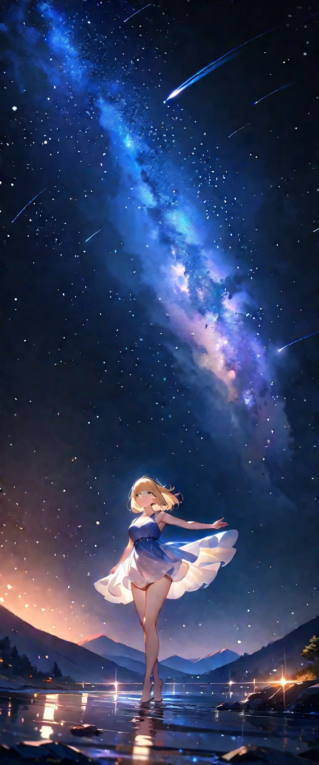 (((A meteor shower dancing in the night sky, countless stars twinkling in the clear air, a beautiful starry sky, the Milky Way shining beautifully in the night))), mountain, wide shot, a girl, bobcut, bare legs, blond hair, (best quality, 4K, 8K, highres, masterpiece:1.2, ultra-detailed, HDR, uhd, studio lighting, ultra-fine painting, sharp focus, physically-based rendering, extreme detail description, professional, vivid colors, bokeh)