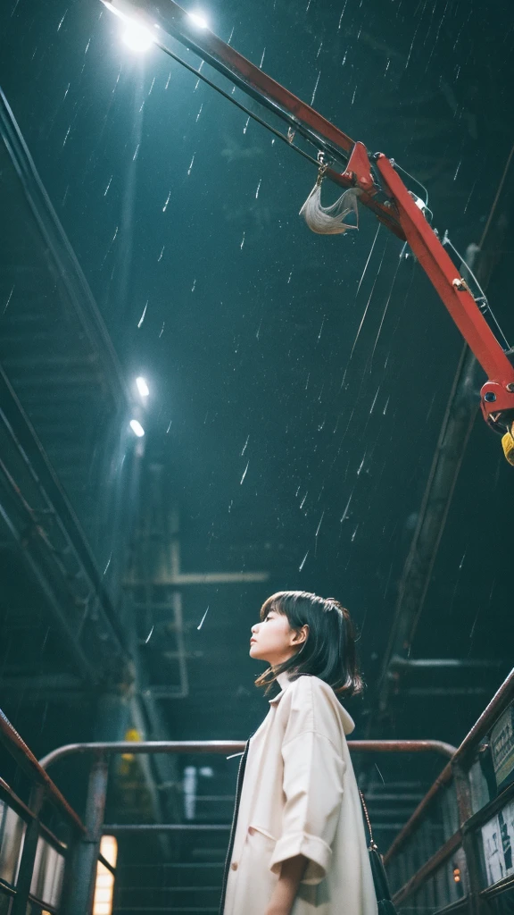 ((crane))、bird、Rainy Sky、1girl,from below