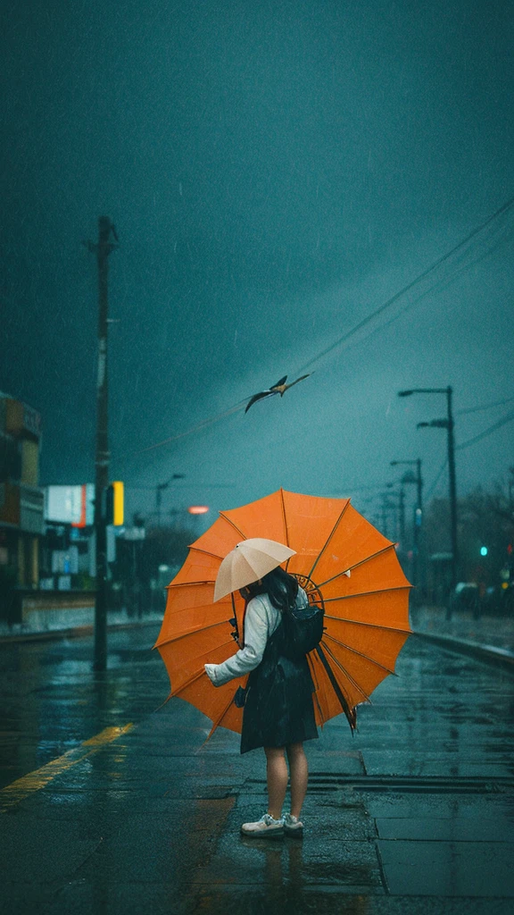 ((crane))、bird、Rainy Sky、1girl,from below