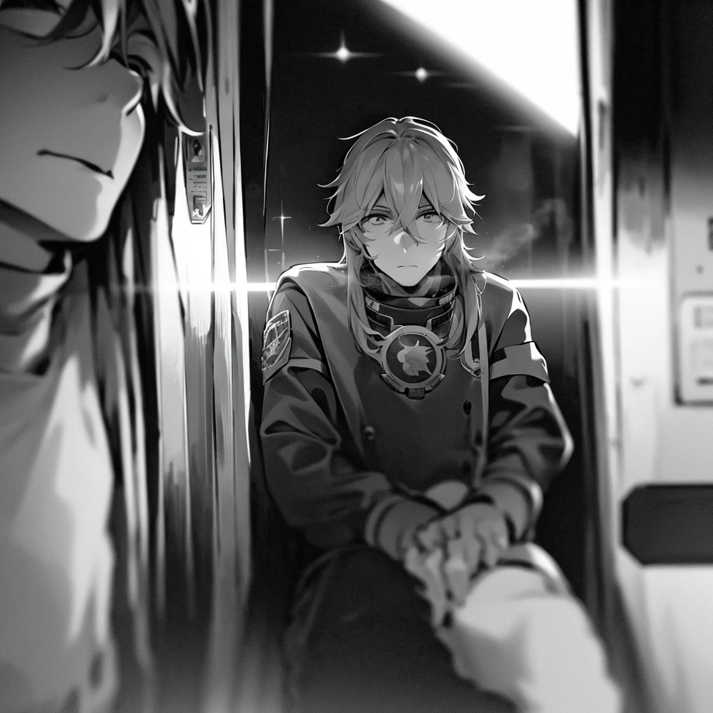 Photography of a strong male astronaut Editorial Image  ((40 years old)) Sitting in front of the train window to space, Looking at the camera, Return to Viewer, Realistic skin, news photography, Retro-futurism, Kodak Acta, Depth of Field, F/1.8, 4K, volume, Vignette