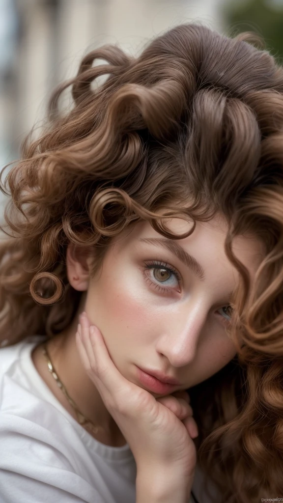 A photorealistic portrait of a young European female model with big, curly brown hair, wearing fashionable street clothes