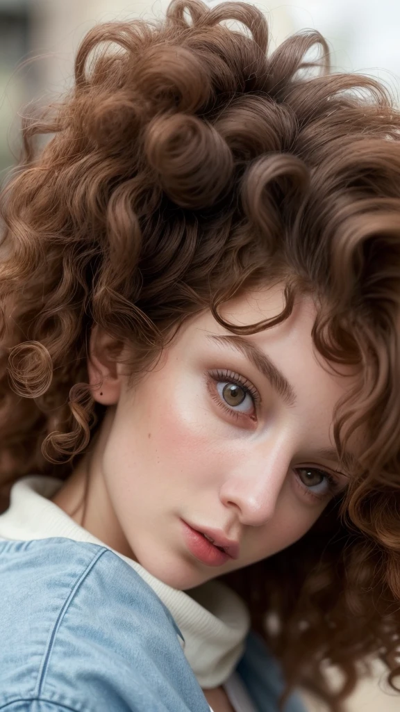 A photorealistic portrait of a young European female model with big, curly brown hair, wearing fashionable street clothes