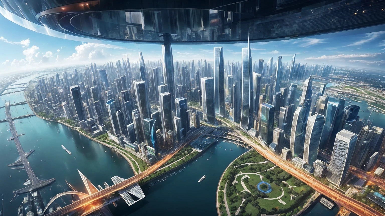 (Best quality,4K,8K,A high resolution,Masterpiece:1.2),Ultra-detailed,(Realistic,Photorealistic,photo-realistic:1.37),Futuristic floating city,Futuristic technology,Huge urban high-tech tablet platform,Airship,Floating in the sky,Futuristic city,Small airships around,High-tech hemispherical platform,Colorful lights,Advanced architecture,modernn architecture,skyscrapper,Access the cloud,Scenic beauty,view over city,Impressive design,Blend seamlessly with nature,energetic and vibrant atmosphere,Futuristic transportation system,Parking is suspended,Transparent path,Lush greenery,Sky gardens,cascading waterfalls,Magnificent skyline,reflections on the water,Sparkling river,Architectural innovation,futuristic skyscrapers,Transparent dome,The shape of the building is unusual,Elevated walkway,Impressive skyline,Glowing lights,Futuristic technology,Minimalist design,Scenic spots,Panoramic view,Cloud Piercing Tower,Vibrant colors,epic sunrise,epic sunset,Dazzling light display,magical ambiance,The future city,Urban Utopia,LuxuryLifestyle,Innovative energy,sustainable development,Smart city technology,Advanced infrastructure,Tranquil atmosphere,Nature and technology live in harmony,Awesome cityscape,Unprecedented urban planning,Architecture connects seamlessly with nature,High-tech metropolis,A cutting-edge engineering marvel,The future of urban living,Visionary architectural concept,Energy-efficient buildings,Harmony with the environment,A city floating above the clouds,Utopian dreams become reality,The possibilities are endless,State-of-the-art transportation network,Green energy integration,Innovative materials,Impressive holographic display,Advanced communication system,Breathtaking aerial view,Quiet and peaceful environment,Modernist aesthetics,Ethereal beauty