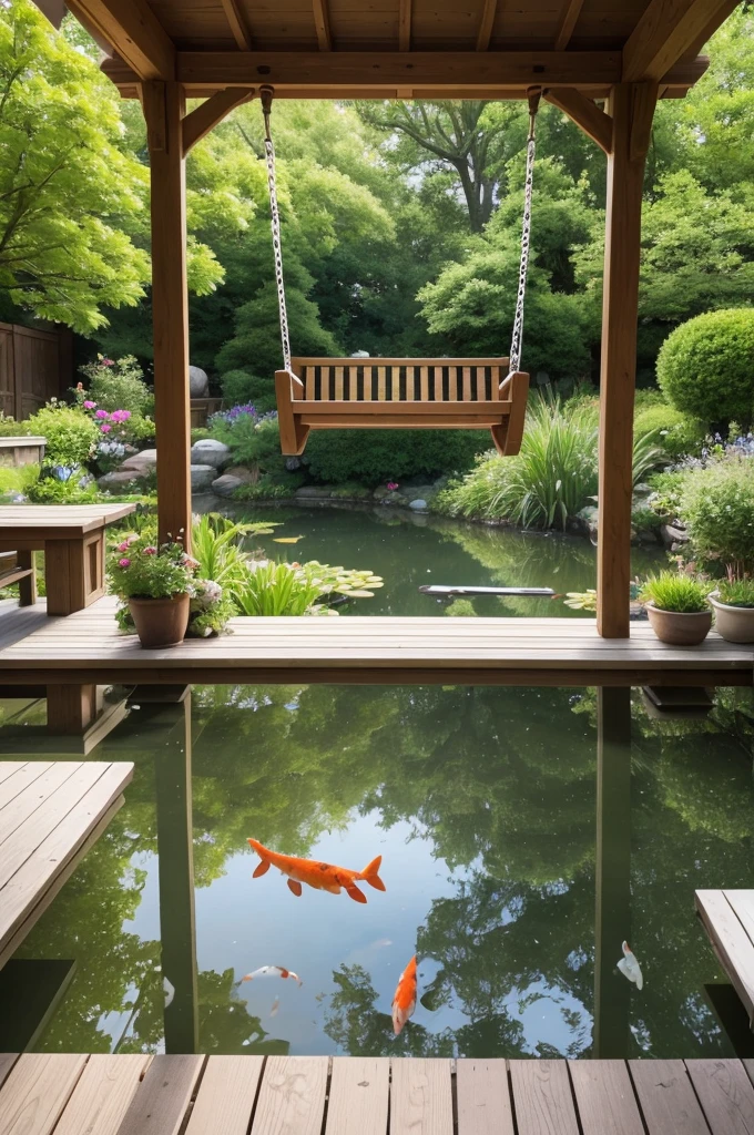 A macro, detailed image of a porch with a swing, facing a pond with koi and plants, grandma&#39;s rustic farm style, peaceful and inviting environment, plants and flowers, wood color palette, gray and green.