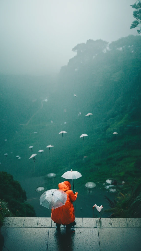 ((crane))、bird、Rainy Sky、1girl,from below