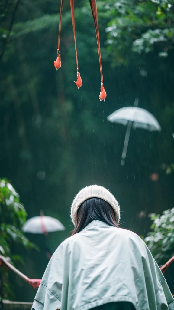 ((crane))、bird、Rainy Sky、1girl,from below