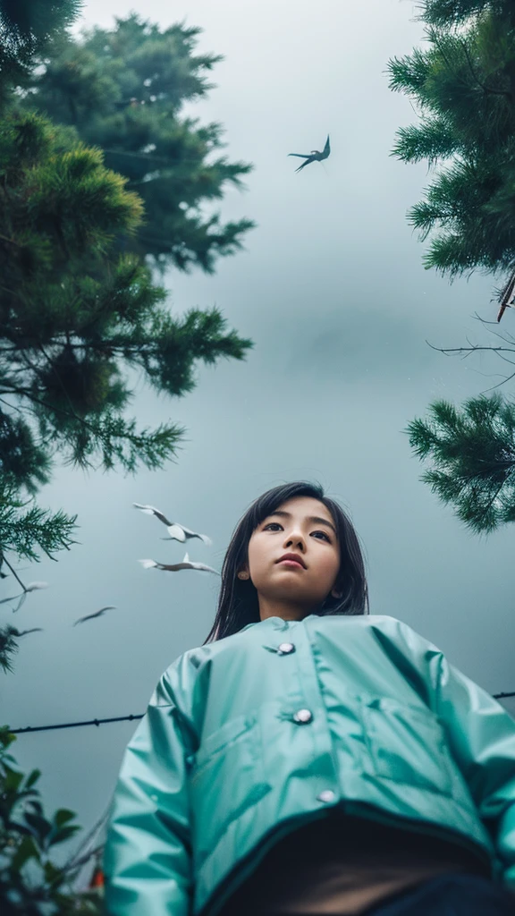 ((crane))、bird、Rainy Sky、1girl,from below