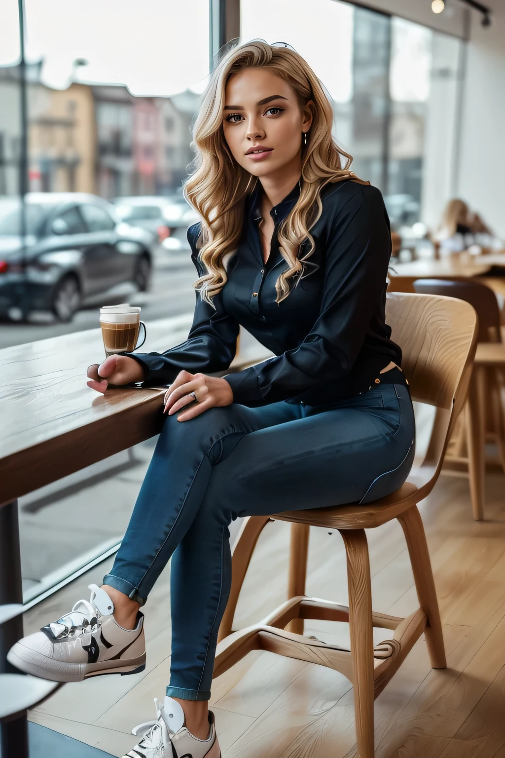 high quality,16K:1.1),((German women sitting on chairs in a coffee shop） 、(Full Body Shot:1.2),(),Blonde wavy hair、、ear piercing、smile、Beautiful teeth alignment、((Long sleeve blouse、Skinny jeans、sneakers)), ,(View your audience:1.3),The background is a coffee shop
