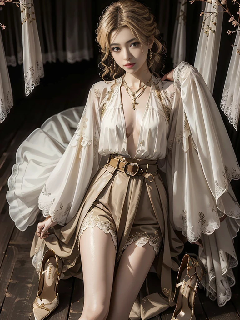 ((upper body)), ((realistic)), ((from above)), (Close up), 1 Asian female model, A young girl, the night, starrysky, (In the gazebo, Sit Pose, Cross ed leg, leaning against pillars), pretty pose, Eye-catching poses, Detailed scenes, Coiled hair, Hairpins, Beautiful hair accessories, Brownish-yellow hair, light make-up, Blushlush, Gloss on lips, pretty legs, ((period costume, high-waist, Nice belt, high-heels)), ((warm lights, a warm color palette)), (Extremely high color saturation), Detailed details, Super detailed, (tmasterpiece, best qualtiy), (An extremely delicate and beautiful work), Delicate earrings, Delicate necklace, Simple blurred background, Extreme detail description, Ultra-fine painting, Delicate face, slim toned body, Slimming the waist, ssmile, (anatomy correct)