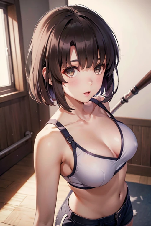 UHD, retina, ccurate, anatomically correct, super detail, high details, high quality, best quality, HD, 4K, (aamegumi,, short hair , slender, brown eyes, collarbone, medium breasts), baseball, bat