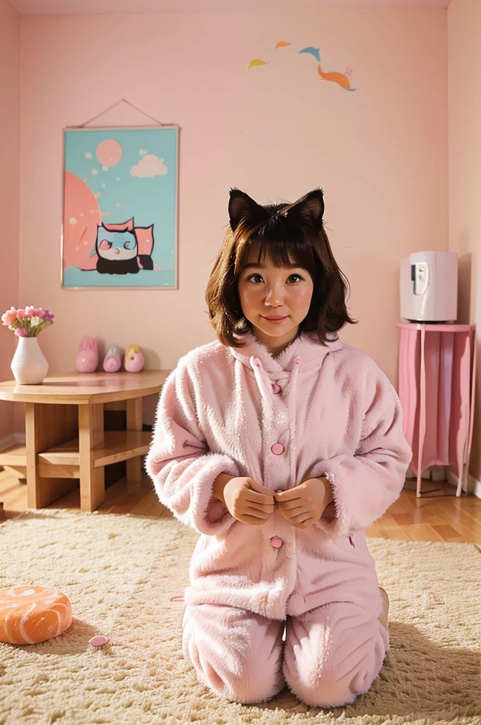 photo of a fluffy cute cat, dressed in sushi suit, pastel print, sushi on the table, colorful room in the background, Pastel shades