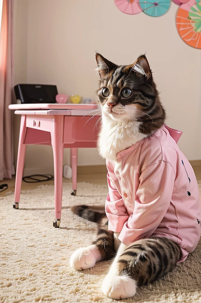 photo of a fluffy cute cat, dressed in sushi suit, pastel print, sushi on the table, colorful room in the background, Pastel shades