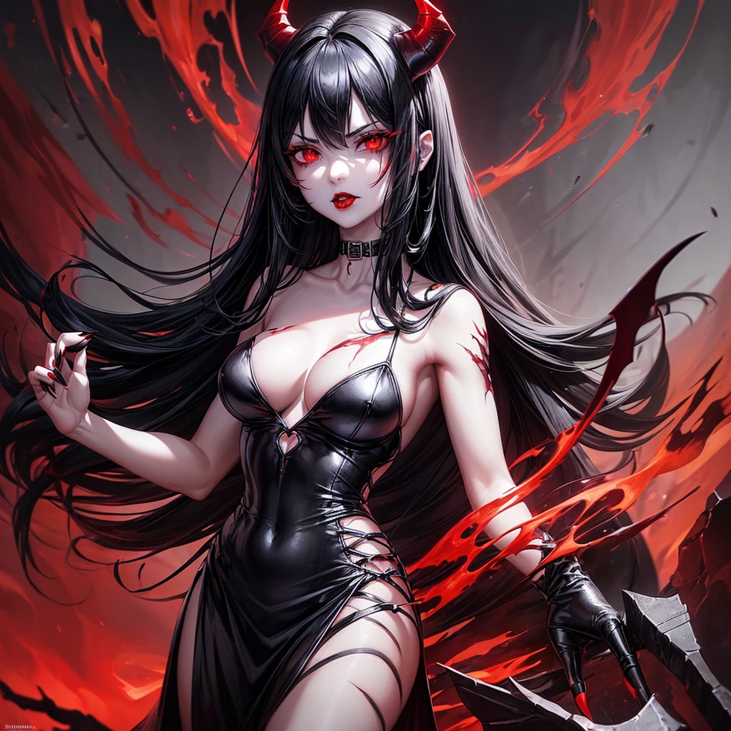 ((1 female, demon, black hair, red eyes, damnation, in the underworld, evil, black nails, red lips, ripped black dress, heels))