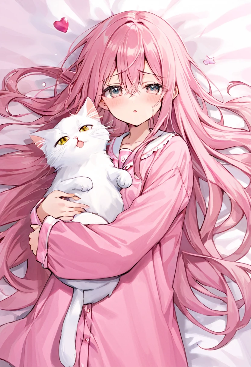Pink long hair，Healing，Holding a white cat，Sleepy，Wearing pajamas，Dumb eyes