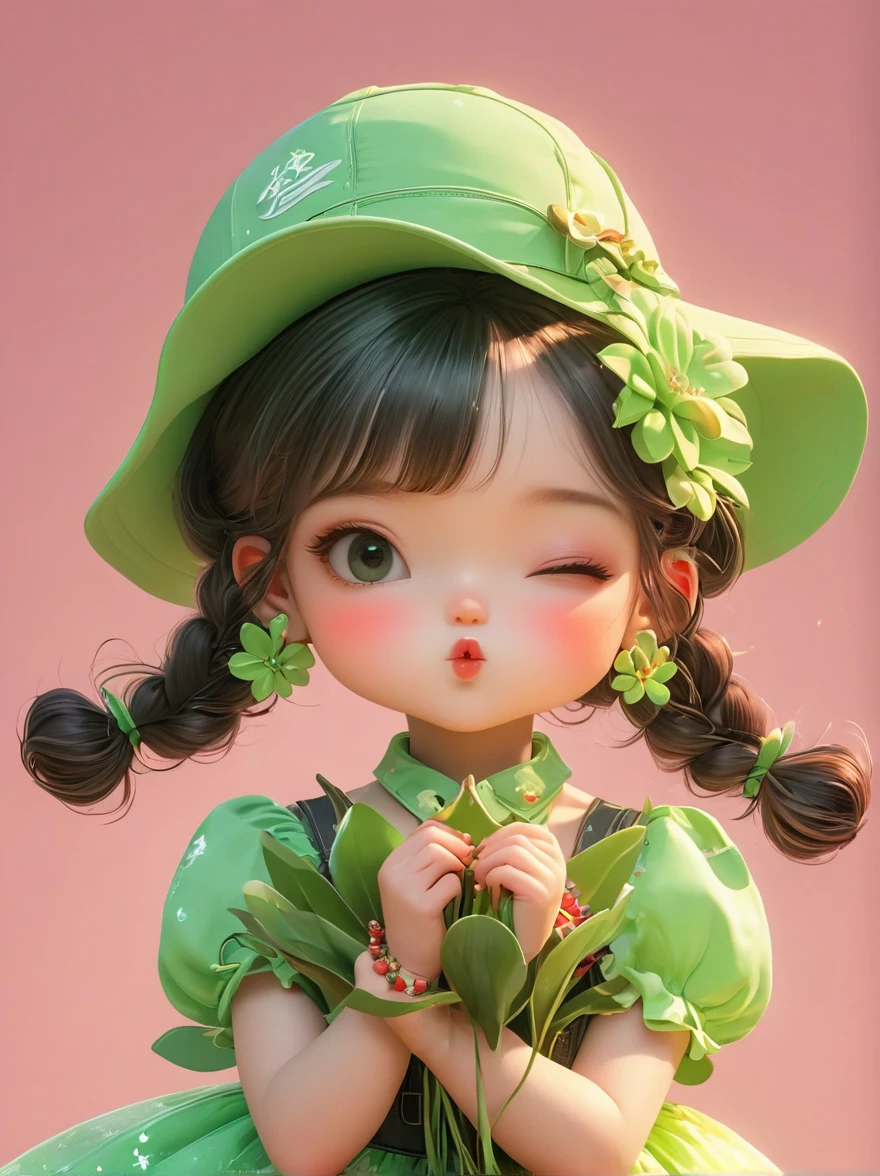 poster design, Flower elements, Starry sky elements, weird, Girl holding two hands and a hat, Dark silver, light green, red light, whole body, Corporate punk, 角色detail设计, Plush doll art style, Colorful animation stills, colorful animation stills, Garage Kit, 2D, 2D Game Art, Cute and colorful, intellectual property, 3d, C4D, Blender, Unreal Engine, 8K, OC Renderer, Excellent lighting, Chiaroscuro, detail, Art Award, Light, Ultra HD, 3d rendering, Realistic design, best quality, author：Faith Ringgold