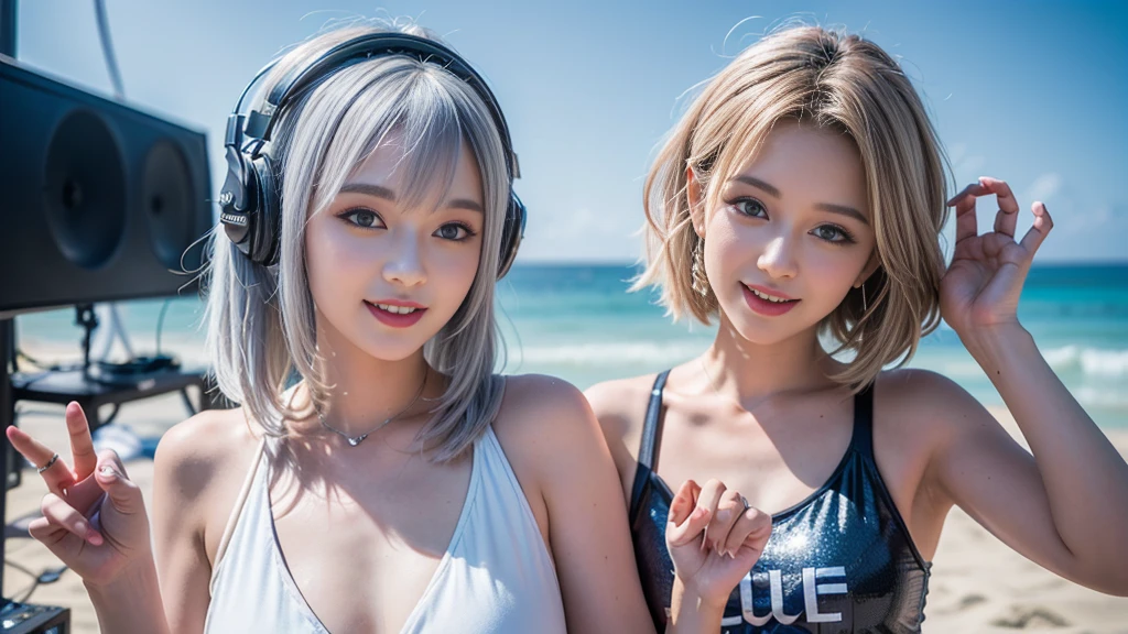 (ultra - detailed, 16K resolution, Cinema lenses, rendering by octane), (high resolution:1.18), intricate detail, (masterpiece:1.1), (highest quality:1.1), (1girl, portrait, white hair, blue eyes, short hair, detailed eyes),Wearing silver DJ headphones, Shiny silver sequined T-shirt, (in the beach:1.5), (Iconic hip-hop pop costumes:1.3), Smile while DJing on stage, DJ studio next to the beach, ((A stylish DJ stage on a hill overlooking the beach)), full body shot, Photorealistic photography by Sunshine, (cute round face:1.3), perfect fingers, five fingers, beautiful hands, perfect hands. master peace, cute smile.