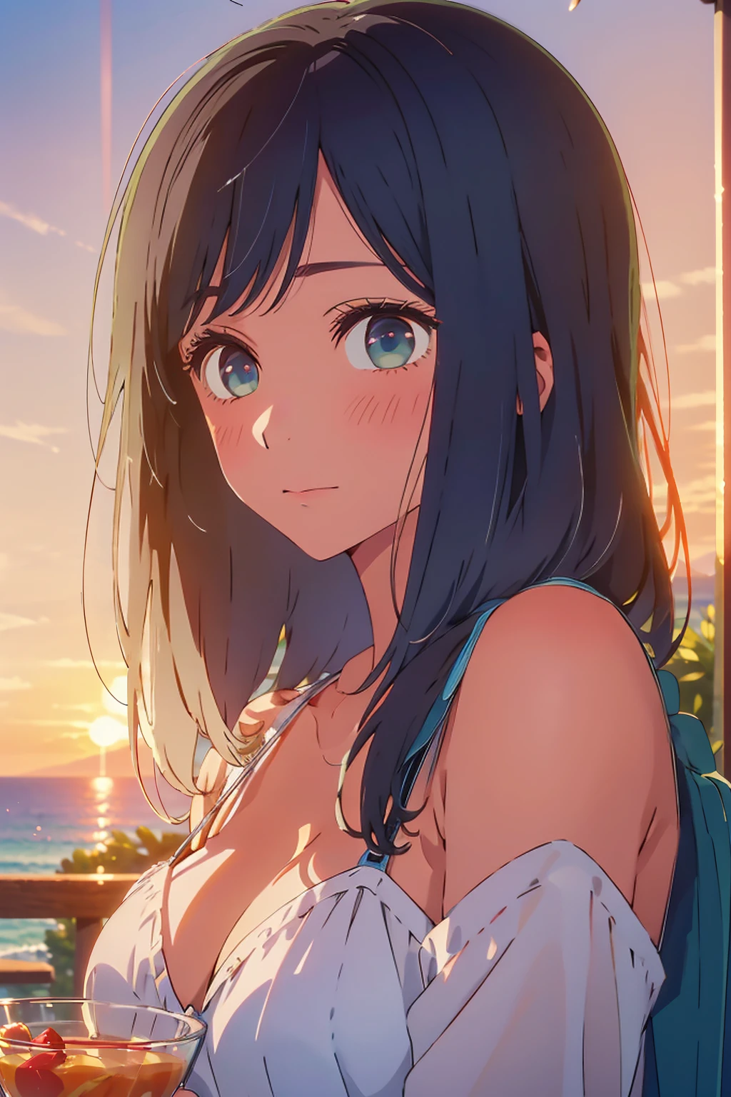 (Highest quality:1.4、masterpiece:1.4、Super detailed:1.4、8K:1.4)、((((1 person、Surprised expression、sit、Outdoor café terrace、coastal、juice、table、Sandy Beach、juiceのグラスを持つ、Big eyes、Shallow depth of field、Very cute face))))、(((Bikini size is small)))、(((sunset、Sunset)))、F cup bust、Big Breasts