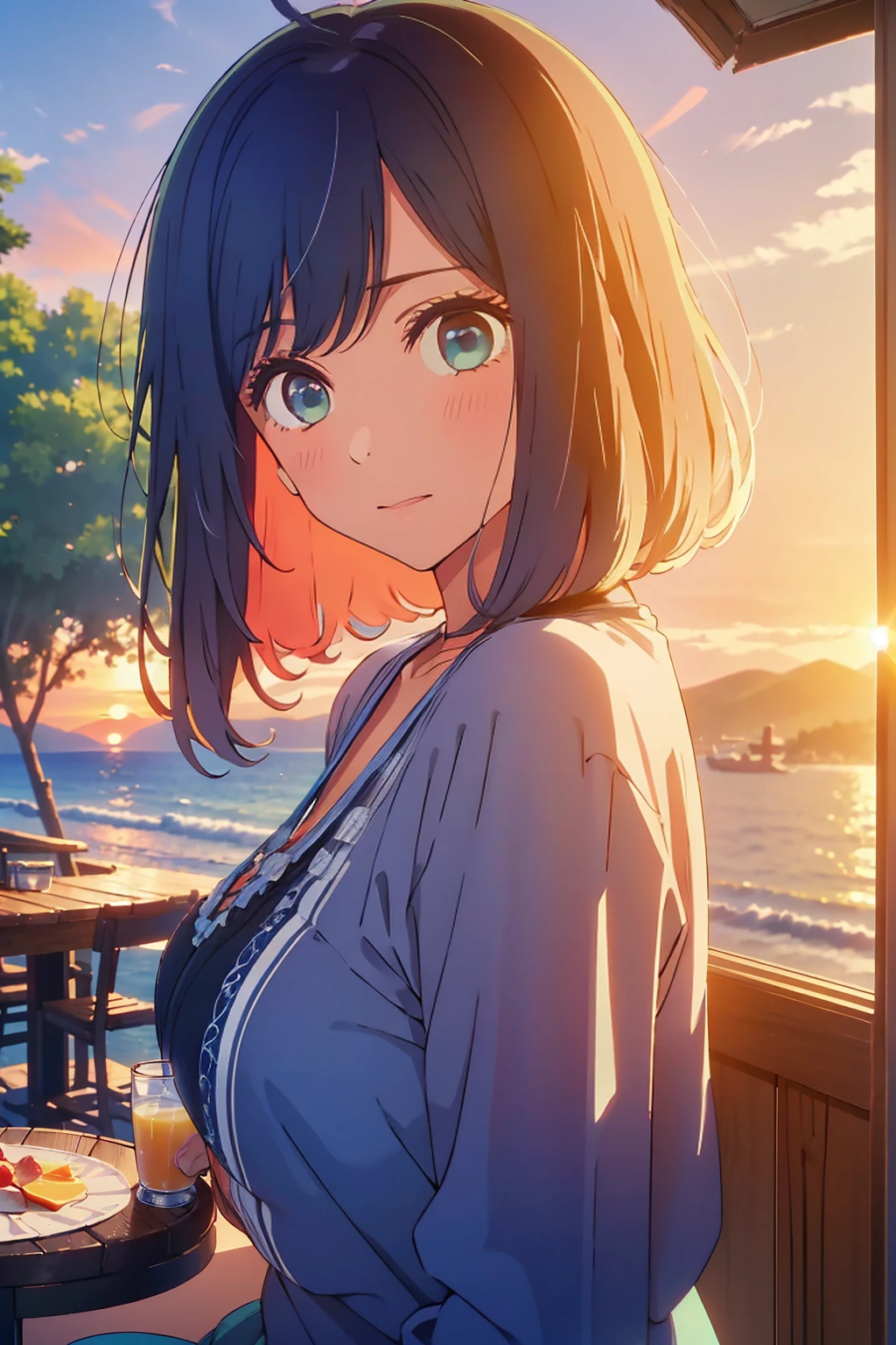 (Highest quality:1.4、masterpiece:1.4、Super detailed:1.4、8K:1.4)、((((1 person、Surprised expression、sit、Outdoor café terrace、coastal、juice、table、Sandy Beach、juiceのグラスを持つ、Big eyes、Shallow depth of field、Very cute face))))、(((Bikini size is small)))、(((sunset、Sunset)))、F cup bust、Big Breasts