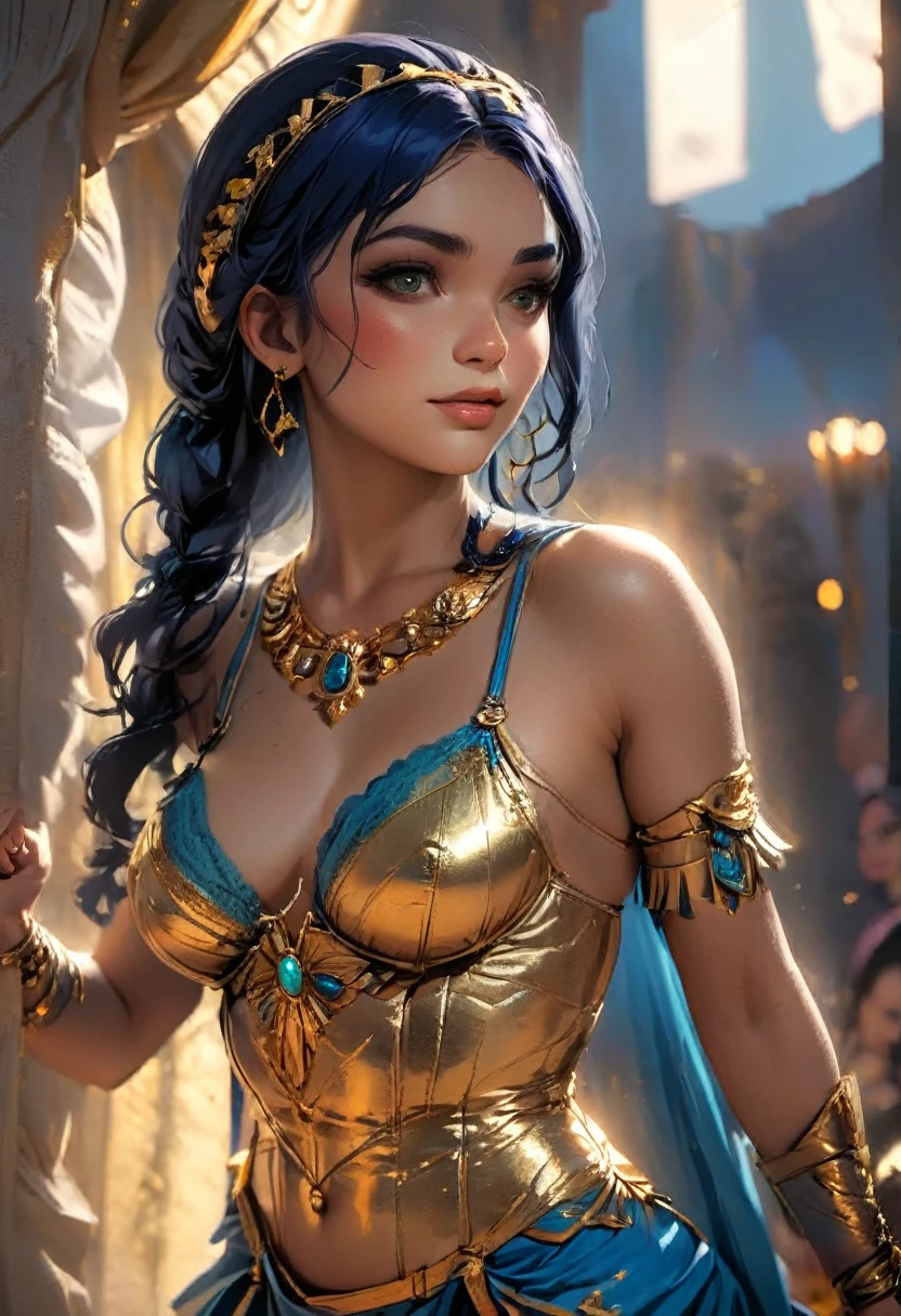 1 woman of 23 years old, exotic Latin woman, (full body, American plane) beautiful, perfect dark blue hair, seductive smile, very seductive and flirtatious excited face, perfect body, extremely good, she is in front of the viewer completely with an inspired outfit in Roman culture, (black Roman toga, very sensual golden details) body chains The golden color shows off her beautiful and magnificent body, her outfit has details in gold, precious stones and very neutral colors, her exotic hairstyle makes her look like a beautiful Roman goddess, stands in a room in ancient Rome, cinematic lighting, 85mm, UHD, retina, (masterpiece, high resolution, 16k, best quality, UHD, masterpiece, textured skin, anatomically correct, super detail , high details, high quality, high resolution, 16k, best quality)