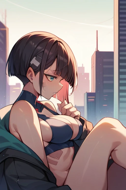 Black Hair、semi-long、high school girl、breasts are very small、The background is a cyberpunk cityscape.、