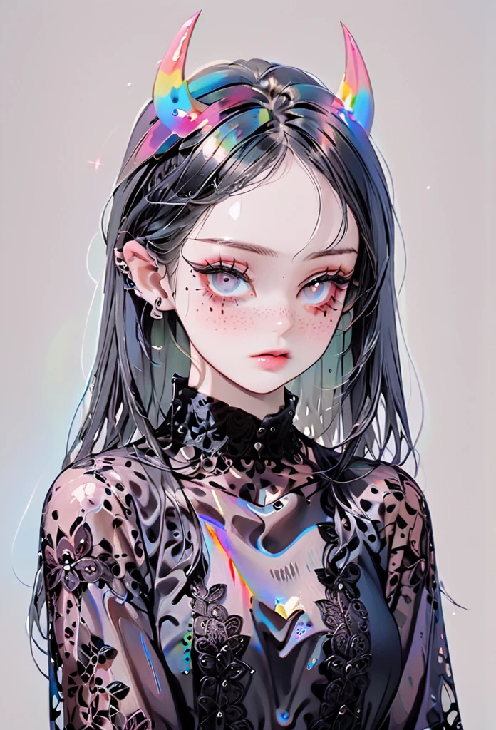 pale devil girl , ((above the waist)), shot from very far away, (largeeyes, The eyes are delicate and beautiful., beautiful and delicate face, full body details), (prism shading, holographic environment, chromatic:1.2) Black lace shirt, gothic background, (long right angle:1.2) Sneakers with socks,