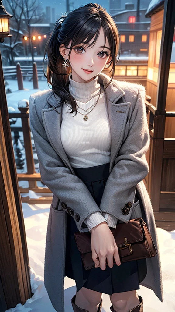 (masterpiece:1.2, Highest quality), (Realistic, photoRealistic:1.4), Beautiful illustrations, (Natural Side Lighting, Cinema Lighting), Browsing Caution,
View your viewers, 1 Girl, Japanese, Beauty、30 years old, Perfect Face, Cute and symmetrical face, Shiny skin, (Perfect Anatomy, Anatomically correct, Highly detailed skin)、
(Medium Hair, Black Hair、ponytail), Swept-apart bangs, Dark brown eyes, Droopy eyes, Long eyelashes, (Medium chest), Slim body,
Beautiful Hair, Beautiful Face, Beautiful attention to detail, Beautiful clavicle, Beautiful body, Beautiful breasts, Beautiful thighs, Beautiful feet, Beautiful fingers,
(Grey heavy coat, High neck sweater, Long skirt、Scarf)、short boots、Bag、Earrings:0.2、necklace:0.5、
(Beautiful views,snow), Night view, (From the summit)、 Are standing, (smile, Open your mouth a little),