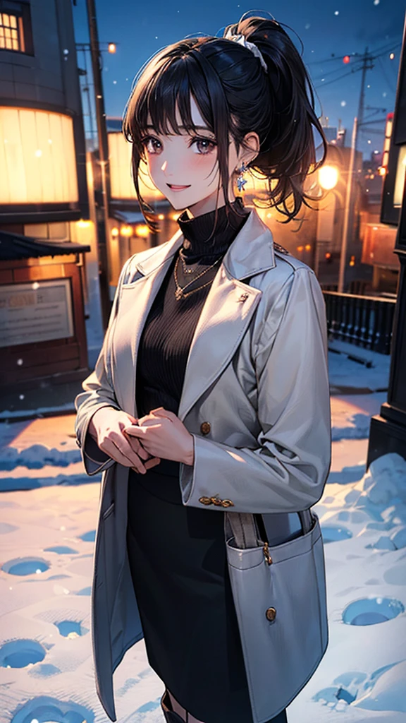 (masterpiece:1.2, Highest quality), (Realistic, photoRealistic:1.4), Beautiful illustrations, (Natural Side Lighting, Cinema Lighting), Browsing Caution,
View your viewers, 1 Girl, Japanese, Beauty、30 years old, Perfect Face, Cute and symmetrical face, Shiny skin, (Perfect Anatomy, Anatomically correct, Highly detailed skin)、
(Medium Hair, Black Hair、ponytail), Swept-apart bangs, Dark brown eyes, Droopy eyes, Long eyelashes, (Medium chest), Slim body,
Beautiful Hair, Beautiful Face, Beautiful attention to detail, Beautiful clavicle, Beautiful body, Beautiful breasts, Beautiful thighs, Beautiful feet, Beautiful fingers,
(Grey heavy coat, High neck sweater, Long skirt、Scarf)、short boots、Bag、Earrings:0.2、necklace:0.5、
(Beautiful views,snow), Night view, (From the summit)、 Are standing, (smile, Open your mouth a little),