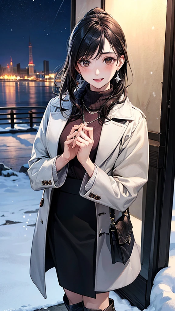 (masterpiece:1.2, Highest quality), (Realistic, photoRealistic:1.4), Beautiful illustrations, (Natural Side Lighting, Cinema Lighting), Browsing Caution, 
View your viewers, 1 Girl, Japanese, Beauty、30 years old,  Perfect Face, Cute and symmetrical face, Shiny skin,  (Perfect Anatomy, Anatomically correct, Highly detailed skin)、
(Medium Hair, Black Hair、ponytail), Swept-apart bangs, Dark brown eyes, Droopy eyes, Long eyelashes, (Medium chest), Slim body, 
Beautiful Hair, Beautiful Face, Beautiful attention to detail, Beautiful clavicle, Beautiful body, Beautiful breasts, Beautiful thighs, Beautiful feet, Beautiful fingers, 
(Grey heavy coat, High neck sweater, Long skirt、Scarf)、short boots、Bag、Earrings:0.2、necklace:0.5、
(Beautiful views,snow), Night view, (From the summit)、 Are standing, (smile, Open your mouth a little), 