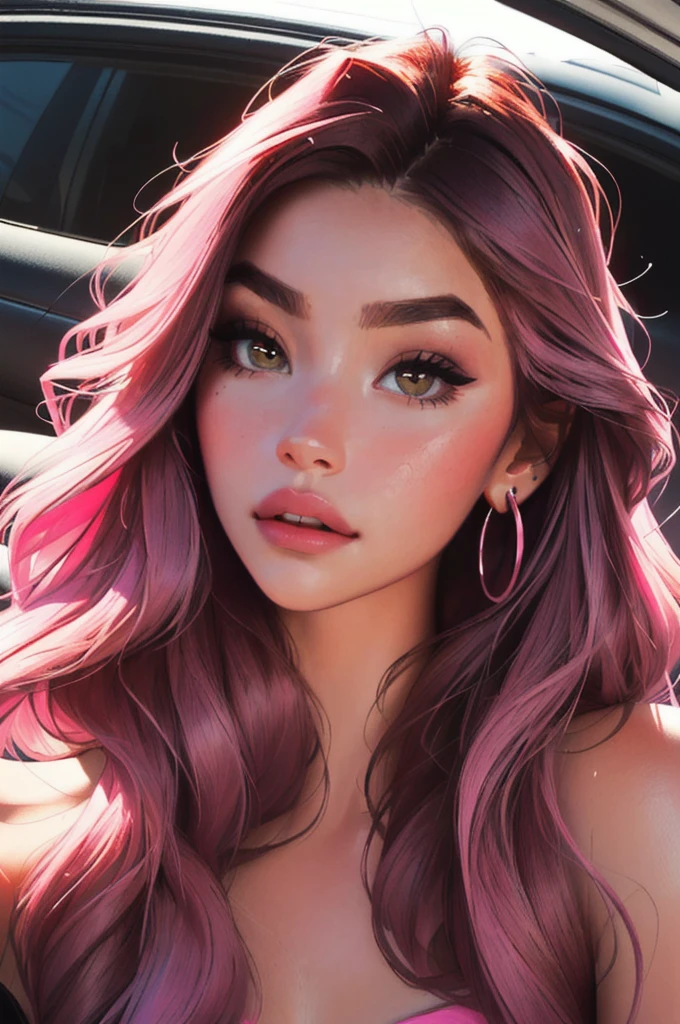 a woman with long hair and earrings sitting in a car, Portrait Sophie Mudd, beautiful model girl, beautiful model girl, portrait Medium pink, portrait of Medium pink, attractive girl, clear portrait of Medium pink, madison beer girl portrait, Amazing beauty, Amazing beauty, beautiful latin face, Instagram Template, Medium pink, dark hair and makeup, Beautiful young