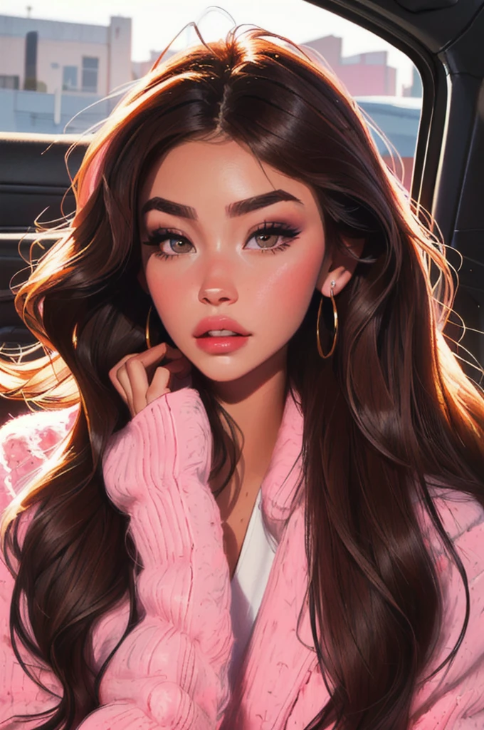 a woman with long hair and earrings sitting in a car, Portrait Sophie Mudd, beautiful model girl, beautiful model girl, portrait Medium pink, portrait of Medium pink, attractive girl, clear portrait of Medium pink, madison beer girl portrait, Amazing beauty, Amazing beauty, beautiful latin face, Instagram Template, Medium pink, dark hair and makeup, Beautiful young