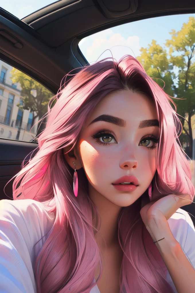 a woman with long hair and earrings sitting in a car, Portrait Sophie Mudd, beautiful model girl, beautiful model girl, portrait Medium pink, portrait of Medium pink, attractive girl, clear portrait of Medium pink, madison beer girl portrait, Amazing beauty, Amazing beauty, beautiful latin face, Instagram Template, Medium pink, dark hair and makeup, Beautiful young