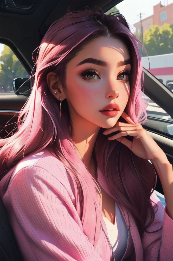 a woman with long hair and earrings sitting in a car, Portrait Sophie Mudd, beautiful model girl, beautiful model girl, portrait Medium pink, portrait of Medium pink, attractive girl, clear portrait of Medium pink, madison beer girl portrait, Amazing beauty, Amazing beauty, beautiful latin face, Instagram Template, Medium pink, dark hair and makeup, Beautiful young