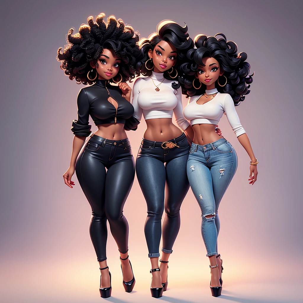  A sexy black woman in beautiful jeans and white crop top posing gracefully for a photo, beauty in jeans, curly hair, Waist slender, Sexy black girl, mulher de corpo inteiro, wearing jeans, beautiful seductive black woman, slender figure, cartoon vector style, corpo pin-up, Broad Hips