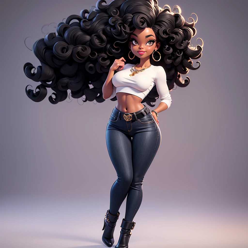A sexy black woman in beautiful jeans and white crop top posing gracefully for a photo, beauty in jeans, curly hair, Waist slender, Sexy black girl, mulher de corpo inteiro, wearing jeans, beautiful seductive black woman, slender figure, cartoon vector style, corpo pin-up, Broad Hips