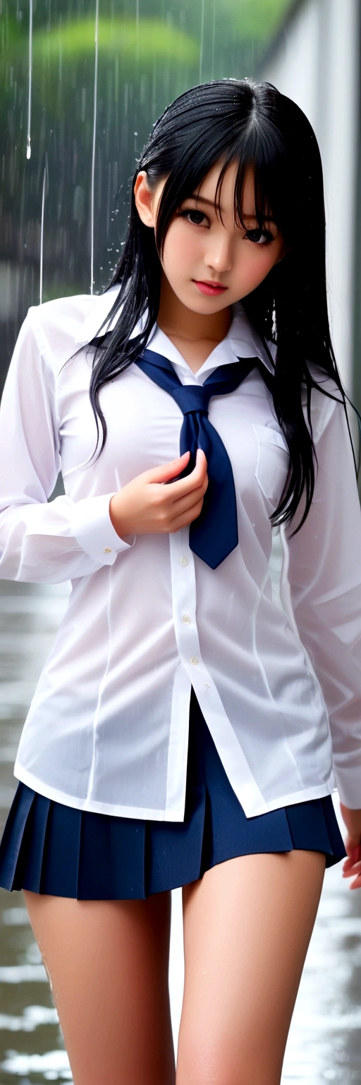 ((Nipples visible through a wet white shirt))、No underwear、Full body view、Long straight black hair、high school student、uniform、sexy、No bra、mini skirt、Japanese、、