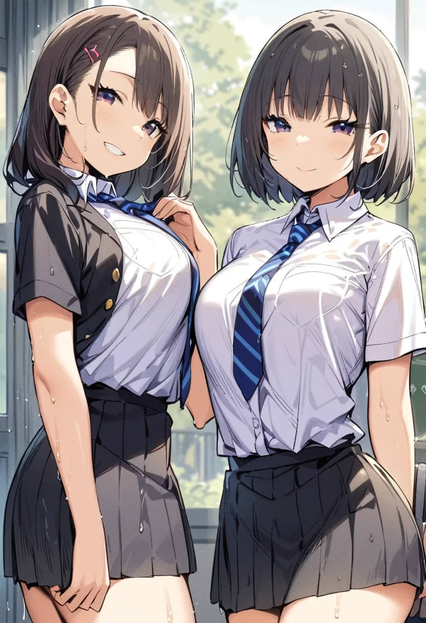 masterpiece, Highest quality, High resolution, JK,((Two Girls,)),View your viewers, , smile、stand.side angle shot,see-through collared shirts, white shirts, short sleeve, tie, blue stripe tie, school, short skirt, dark grey skirt ,glamorous,wet,wet