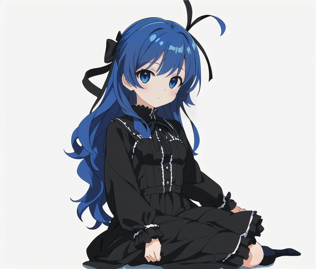 Highest quality, high resolution, High quality anime art style, Official Art, whole body, Smooth anime CG art, Stylized anime, Cute 3D anime girl render, Visual Novel Sprites, White background, whole body, Anime-style 3D, Smooth anime CG art, humanoid woman, JRPG Characters, Anime girl in a black dress and black coat, Gothic Lolita, Blue Hair Anime Girl, Black Ribbon, black eye, Thin legs. Wavy Hair. long hair, Small Bust, Small breasts, 10 years old,
