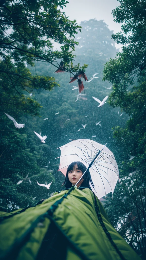 ((crane))、bird、Rainy Sky、1girl,from below