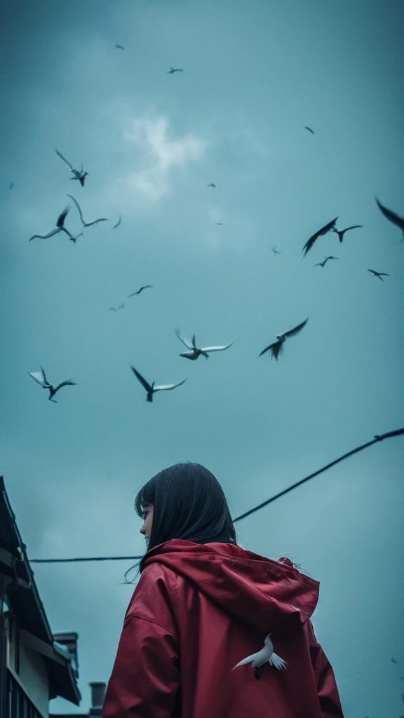 ((crane))、bird、Rainy Sky、1girl,from below