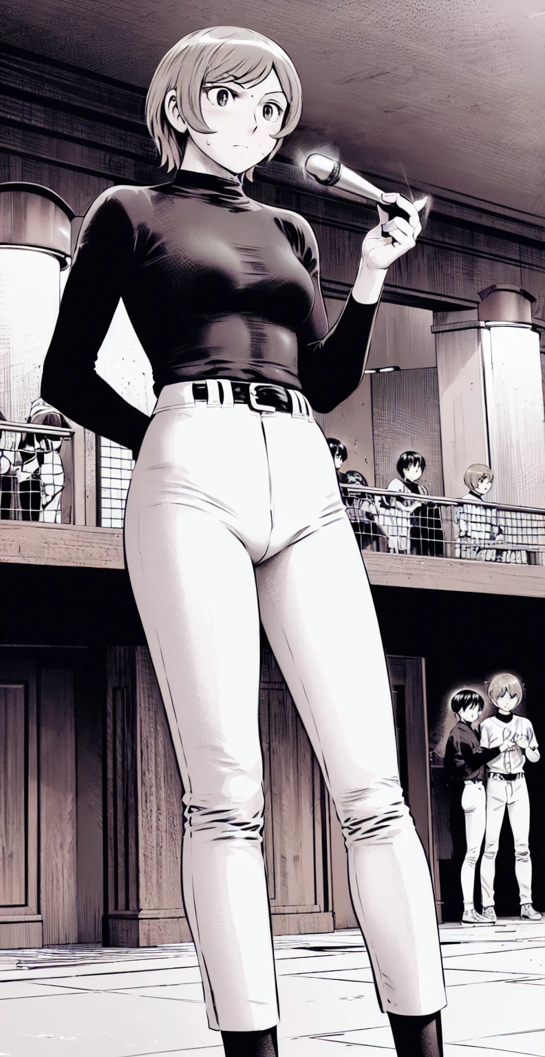 (野球uniform:1.2),
Blonde Hair, (short hair:1.2),Long sleeve, Black Shirt, turtleneck,White trousers、uniform、Black belt、((Illustration of people))、Big 、
View Audience,, (Highest quality:1.3),One Girl, White pants、uniform、indoor、baseball 、White wall、blue eyes、Tight black shirt、(masterpiece、Highest quality)、Highest quality, Ultra-high resolution, (((masterpiece))), alone, Sweat、Big eyes、Big Breasts、One Girl, Front view、Embarrassed face、Bronze colored hair、((short hair))、Stand up straight、Cowboy Shot