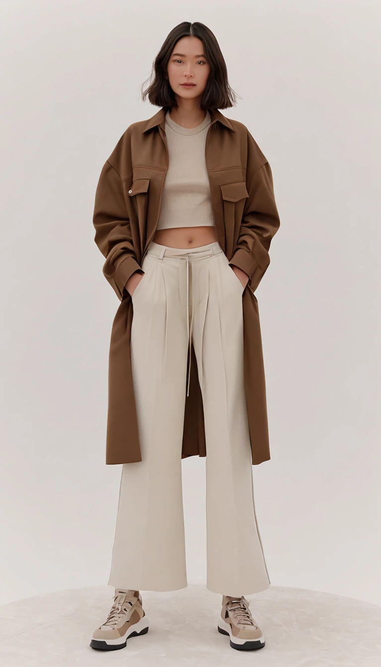 a woman wearing a brown jacket and white pants standing in front of a white background, a digital rendering inspired by Esaias Boursse, instagram, sōsaku hanga, dressed with long fluent clothes, beige, designed for cozy aesthetics!, hodie mihi cras tibi, ssense, 2 0 2 0 fashion, leaked image, cropped shirt with jacket