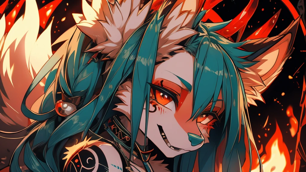 Miku Hatsune, add high definition_detail:1, blue fur,kitsune ears, tribal tattoo add_detail:1, in hell add_detail, batwigns add_detail Fer yokai kitsune add_detail:1