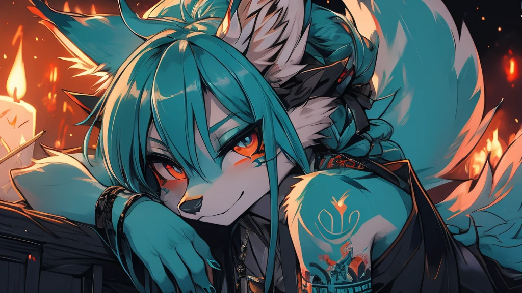 Miku Hatsune, add high definition_detail:1, blue fur,kitsune ears, tribal tattoo add_detail:1, in hell add_detail, batwigns add_detail Fer yokai kitsune add_detail:1