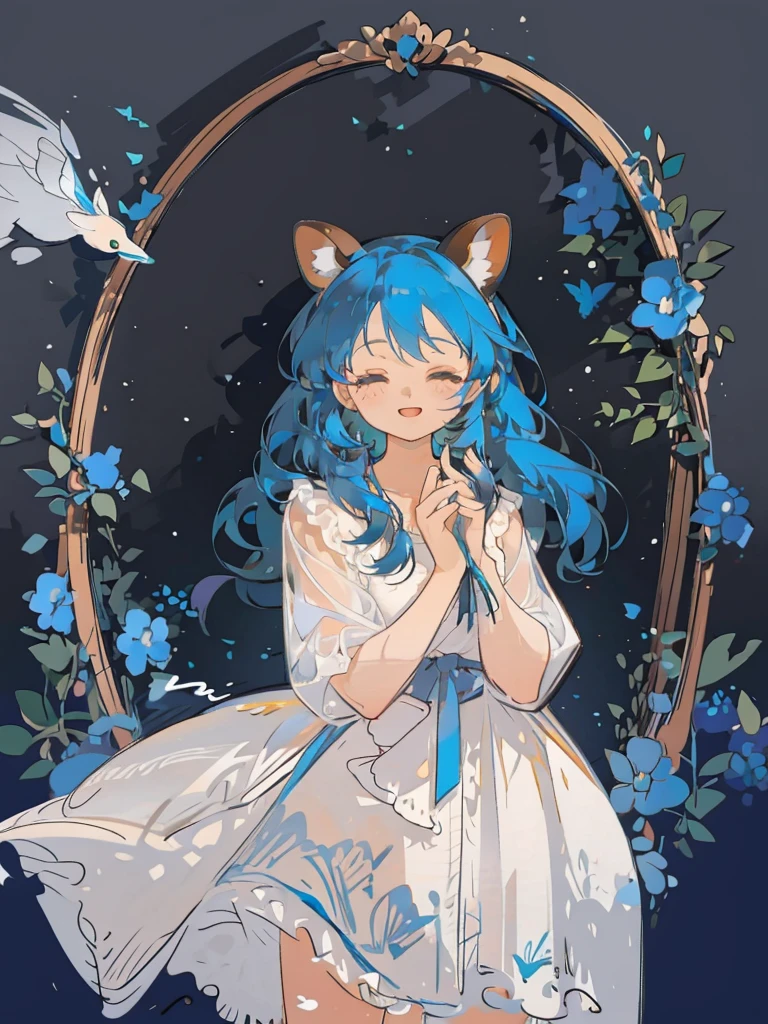 bust-up, 1girl, tosca blue hair, butterfly picking up strands of hair, blue flower, deer ears, white deer antlers, elegant white dress, happy expression, splash cool background, solo, sketch, portrait, dynamic pose